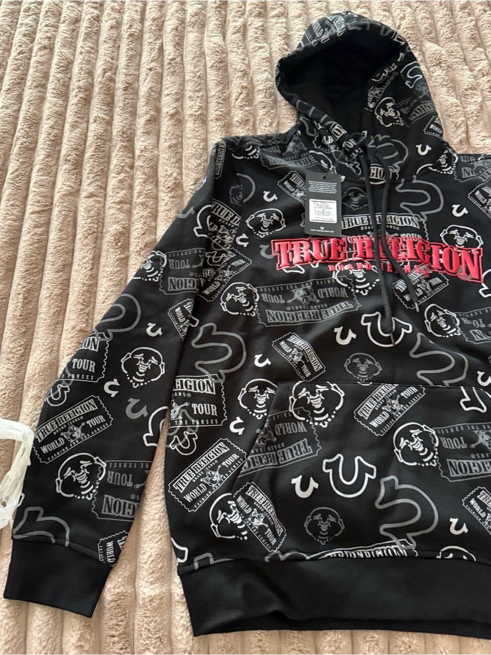 True Religion Black Hoodie with Red Chest Logo and Gray Allover Graphics - Picture 2 of 4
